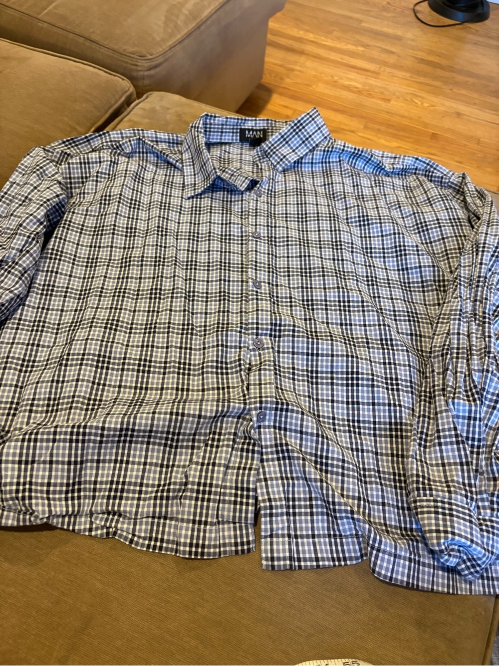 boohooMAN Button Down Shirt Mens 3XL Blue Gingham Plaid Long Sleeve Good Casual